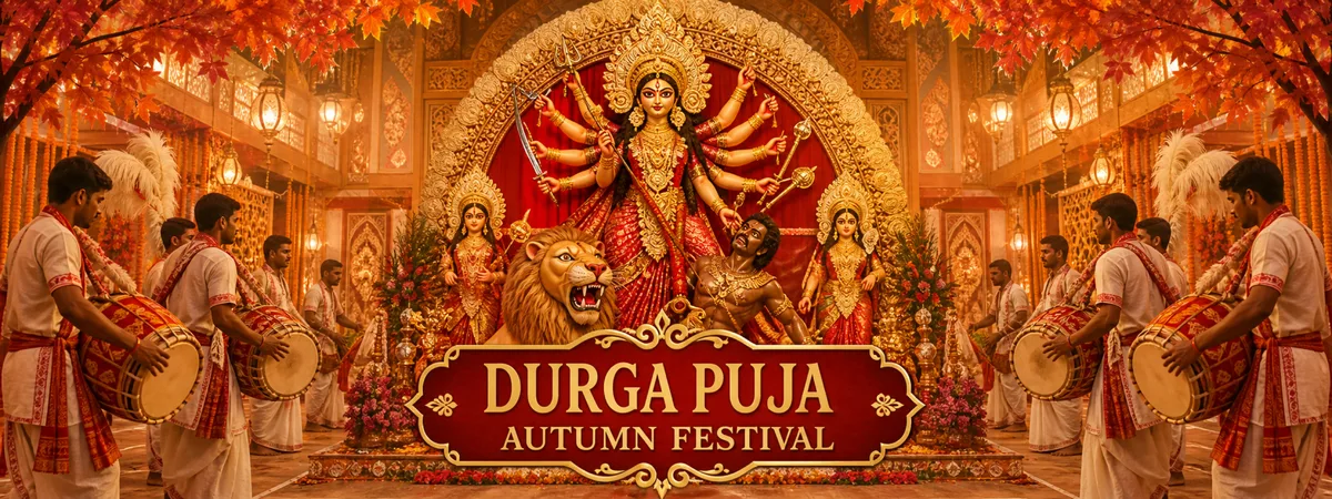 Goddess Durga in a golden pandal, surrounded by traditional dhak drummers